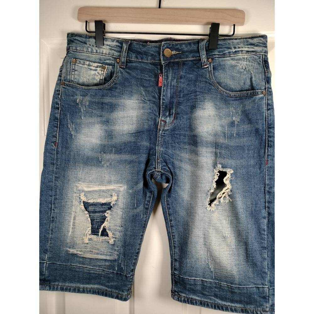 Fashion Homme Distressed Denim Shorts Size 33 Blue Acid Wash Graphic Cuff Punk - Picture 2 of 16